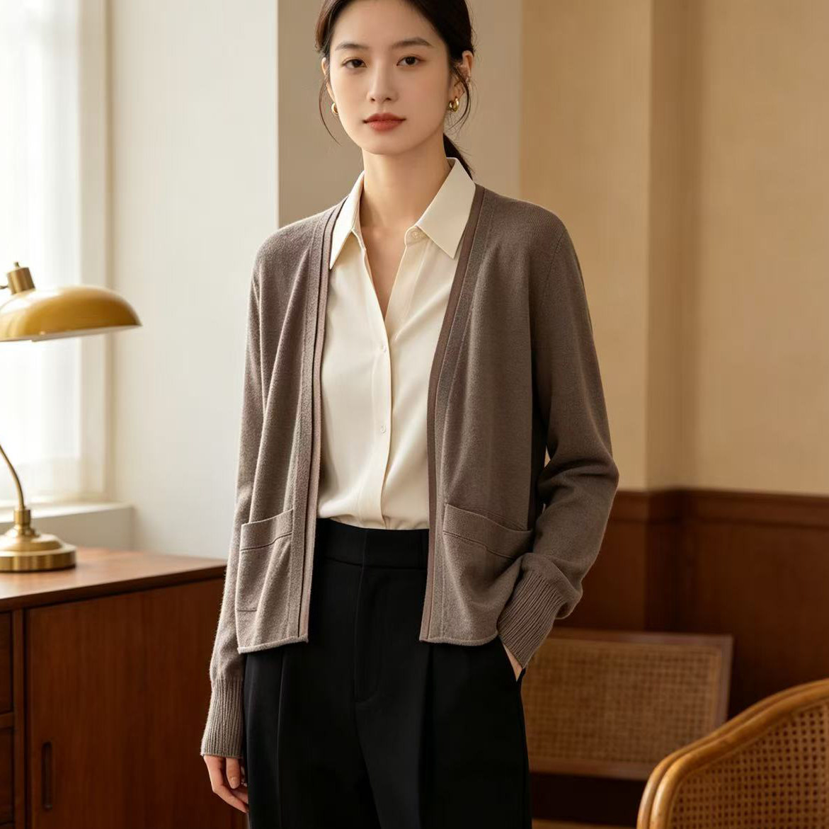 具舒服精纺真丝羊绒薄款无扣开衫