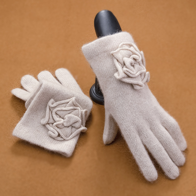 owool法式纯山羊绒纯手工缝制花朵黑色针织分指手套秋冬季女保暖