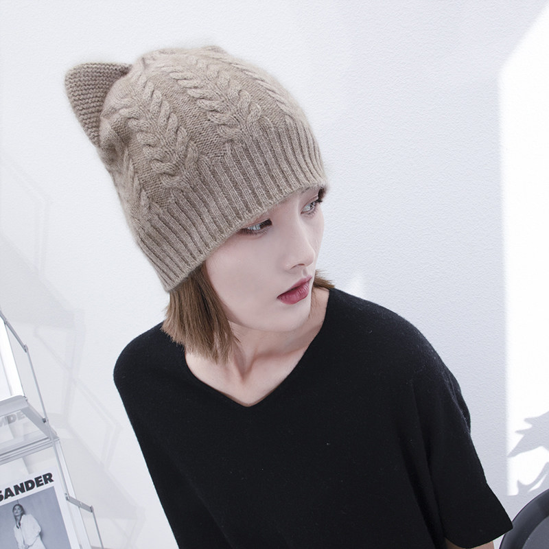 owool秋冬可爱猫耳针织套头毛线圆顶针织纯羊绒帽手工亲子帽保暖