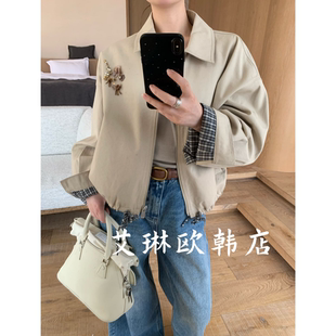 2.27 卡蔓诗kamanshi30852春韩系翻领重工花朵亮片刺绣棉麻短外套