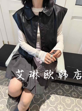 8.12~浅之夏QZX10535秋装新款韩系休闲翻领毛边PU皮衣马甲外套女