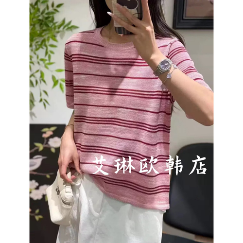 7713欧货条纹莱赛尔亚麻针织衫
