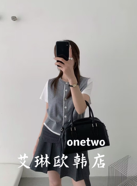 禁止机洗~onetwo15097春款韩系圆领单排扣假两件短袖针织衫女