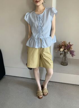 卡蔓诗Kms30998泡泡袖系带条纹短袖衬衫女夏季设计感小众气质上衣