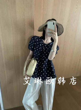 福利不退卡蔓enxi20350夏款韩系休闲圆领波点天丝亚麻短袖衬衫