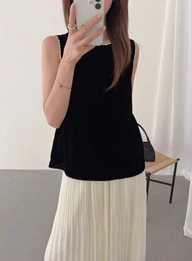 土布鱼8056黑色小香风无袖吊带丝绒上衣2026新款百搭透气衬衫
