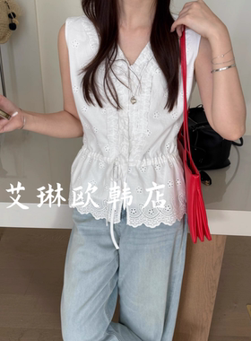 特价9roove九禾30112夏季韩版V领木耳花边抽绳无袖钩花蕾丝小衫女