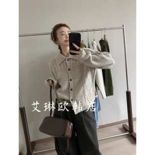 毛衣女 翻领单排扣全羊毛麻花针织开衫 禁止机洗 271g欧货秋冬新款