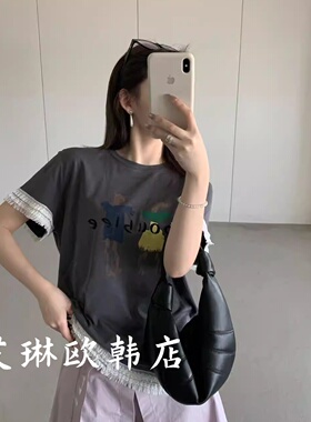 特价卡蔓enxi21319夏季款印花蕾丝花边拼接短袖T恤女百搭上衣