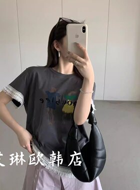 卡蔓enxi21319夏短袖蕾丝印花T恤