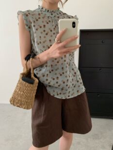 土布鱼7998夏装韩系木耳边圆领撞色波点无袖苎麻套头衬衫背心上衣