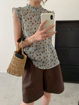 特价不退土布鱼7998夏装圆领撞色波点无袖苎麻套头衬衫背心上衣