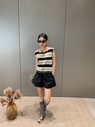 卡蔓韩标260382夏装复古经典条纹软糯透气显瘦无袖针织T恤衫女