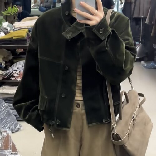 卡蔓Enxi蒽茜22281韩系植绒牛仔工装风短外套女2026秋冬时髦上衣