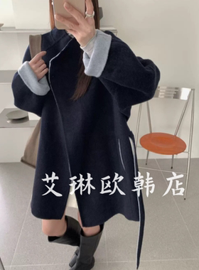 10.23~017冬季新款气质百搭系带收腰羊毛双色双面羊绒大衣外套女