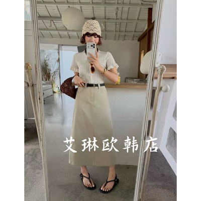 9289欧货配腰带后开叉休闲半身裙