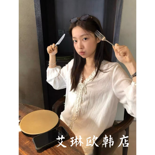 W618夏款防晒衬衫苎麻上衣女花边