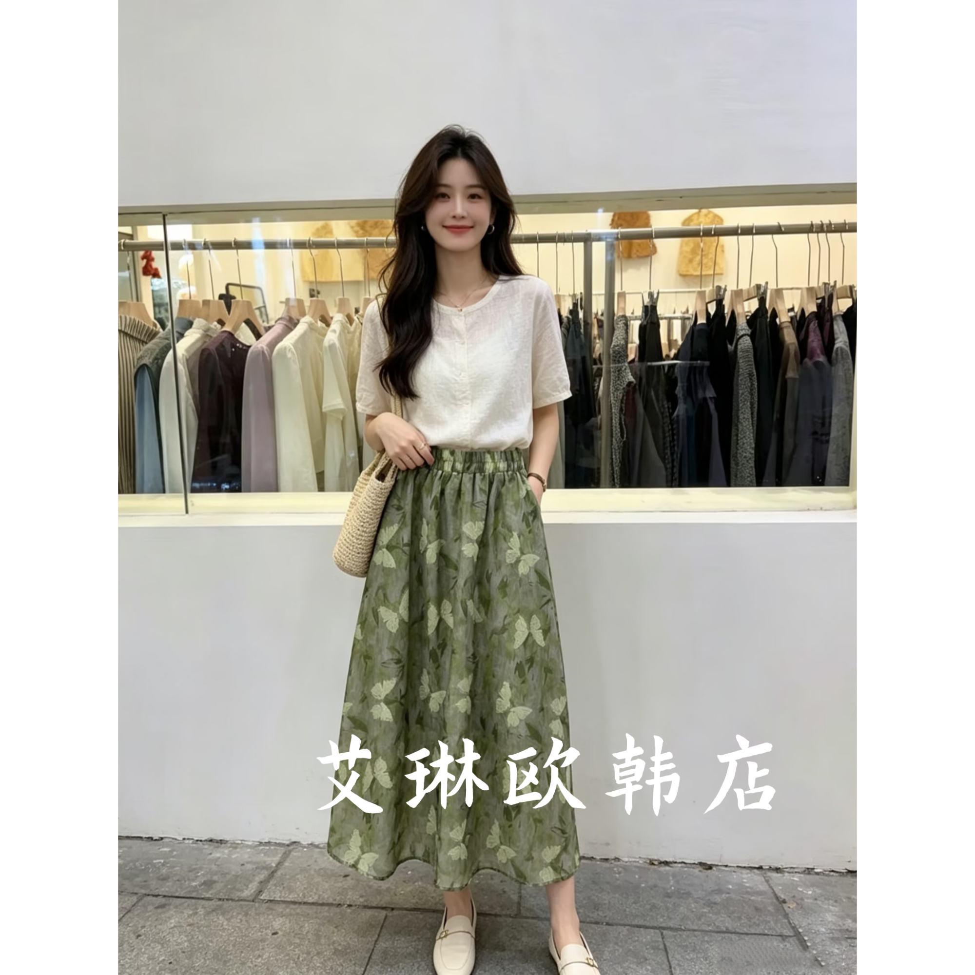 5.19~6279夏装新款欧货气质松紧腰油画蝴蝶印花中长款半身裙女