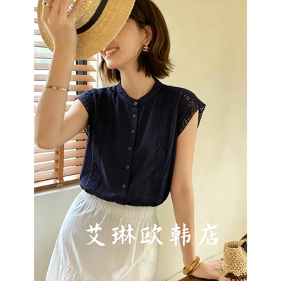 7399欧货钩花镂空短袖亚麻衬衫