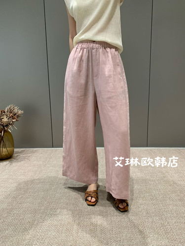 卡蔓诗32017夏季松紧腰100亚麻阔腿裤女韩版宽松显瘦休闲九分裤