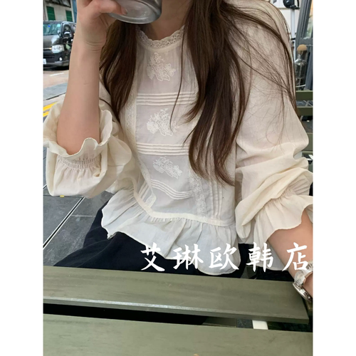 9150重工刺绣蕾丝拼接衬衫