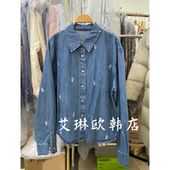 牛仔衬衫 欧货翻领宽松休闲小猫刺绣长袖 女 6019早春新款 福利