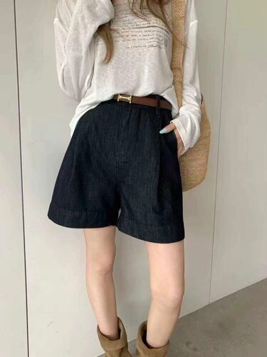 TOP77631韩系高腰A字牛仔阔腿短裤女配腰带时尚通勤卷边显瘦裤子