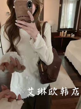 QS09368冬款韩系半高领花朵刺绣修身弹力蕾丝衫打底衫叠穿上衣女