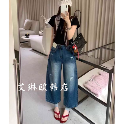花3820破洞牛仔裤弯刀裤女欧货