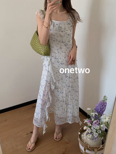 特价不退onetwo正品66404韩国碎花荷叶边连衣裙女夏季仙气长裙