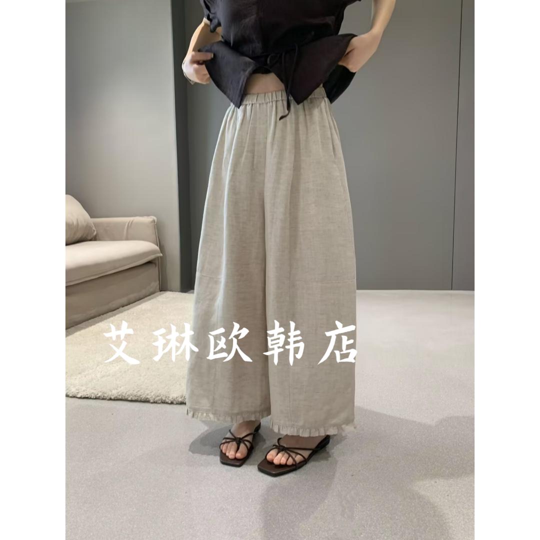 卡蔓浅之夏QZX10878夏季韩系显瘦木耳花边亚麻休闲八分裤女阔腿裤