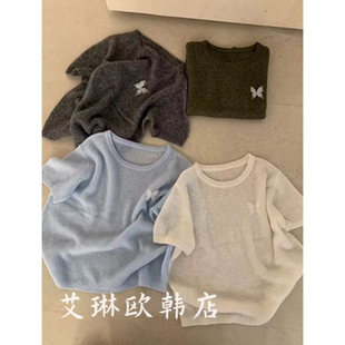 毛衣女 亮丝羊毛山羊绒针织衫 福利不退6831秋款 欧货圆领蝴蝶短袖