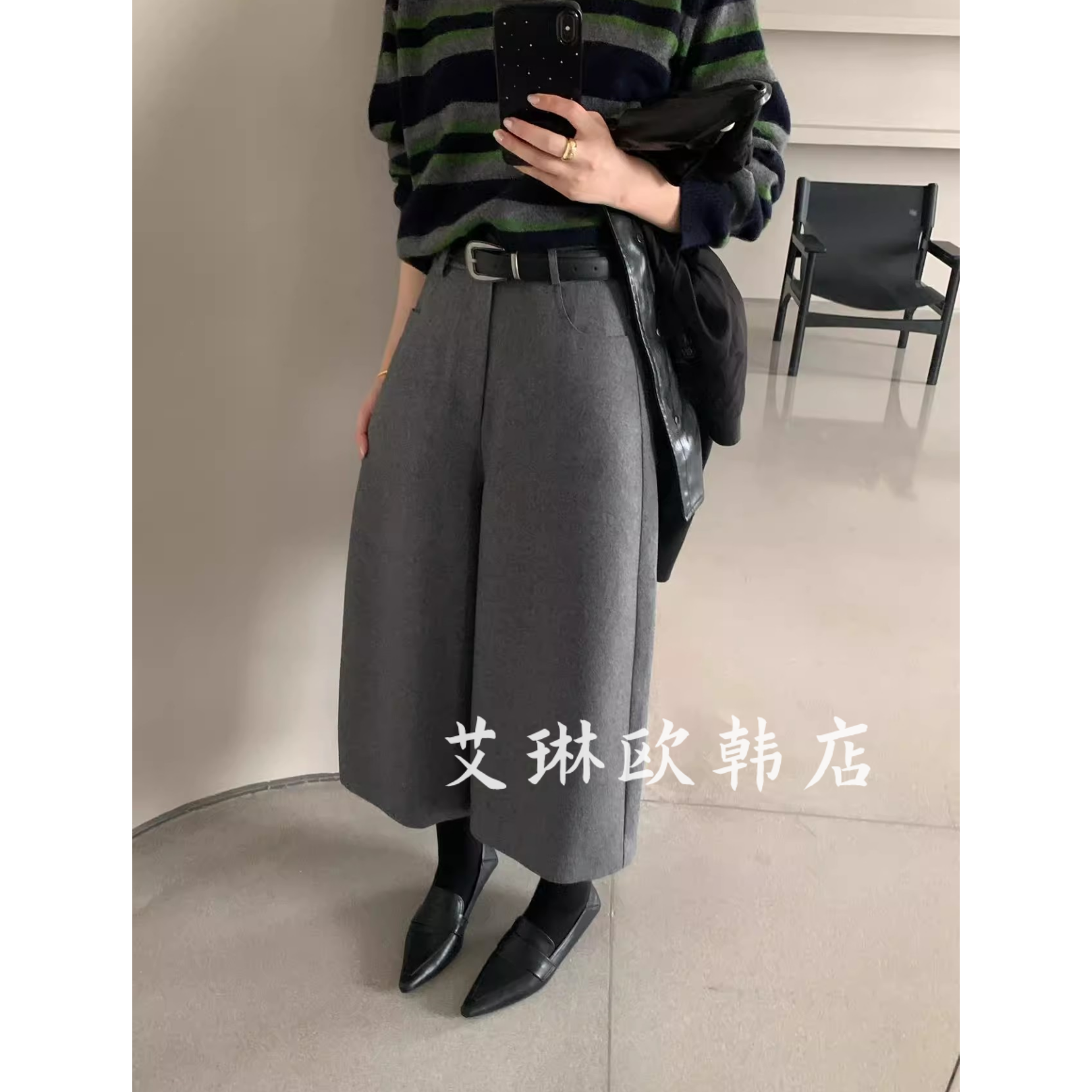 卡蔓韩标OQQOMM217秋款韩系高腰皮带羊毛七分裤女百搭阔腿休闲裤