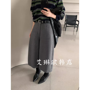 女百搭阔腿休闲裤 卡蔓韩标OQQOMM217秋款 韩系高腰皮带羊毛七分裤