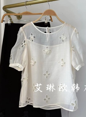 福利不退 me88327夏新款韩系立体花朵镂空圆领显瘦百搭短袖衬衫