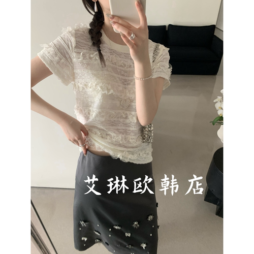 21320肌理褶皱木耳边短袖T恤