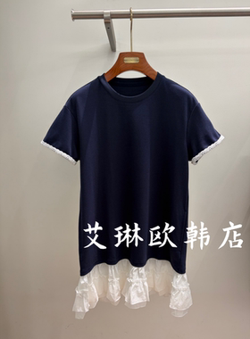 4.19~onetwo66056夏款简约宽松休闲以荷叶边拼接短袖T恤连衣裙女