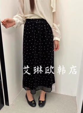 9.2~土布鱼7078秋装新款韩系松紧腰波点网纱双层丝绒裙半身裙女