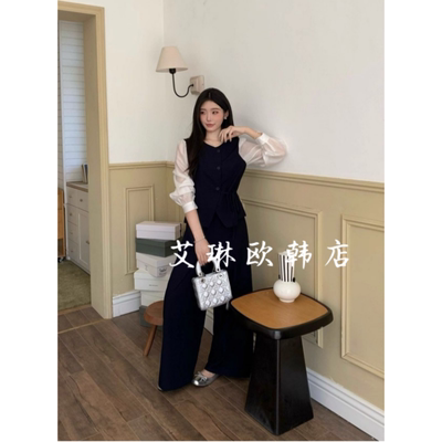 8518收腰假两件衬衫阔腿裤套装