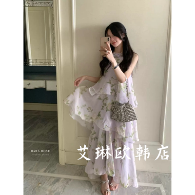 9011挂脖多层不规则印花连衣裙女