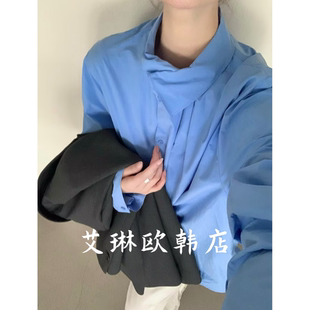 衬衫 3.4 翻领褶皱单排扣长绒棉中长款 款 上衣女 卡蔓enxi20866春季