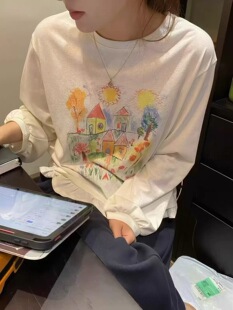 miluroom米鹿8815韩系童趣彩绘印花长袖T恤女打底上衣