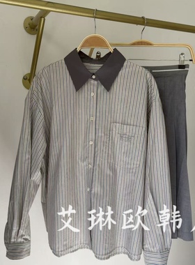 福利不退QS67042秋装新款韩系翻领刺绣宽松休闲条纹全棉长袖衬衫