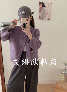 3.8~3133春装新款韩系木耳边100澳洲羊毛短款双面羊绒大衣外套女