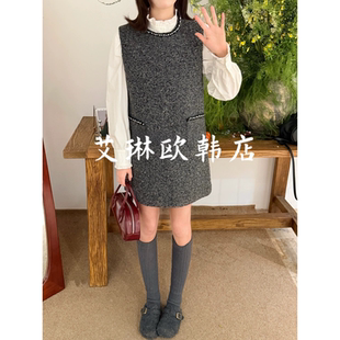 1.3~onetwo09390早春款韩系甜美珍珠装饰羊毛呢叠穿背心连衣裙女