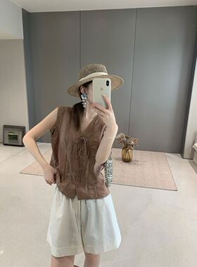 卡蔓QZX10952夏季新款温柔风蕾丝无袖上衣苎麻刺绣高级感衬衫