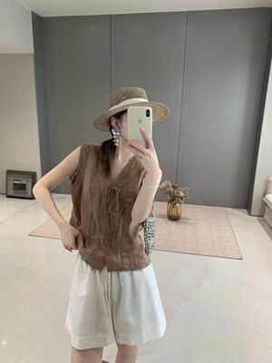 卡蔓QZX10952夏季新款温柔风蕾丝无袖上衣苎麻刺绣高级感衬衫