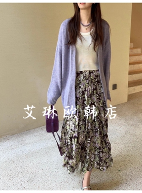 福利DARA ROSE 2574中长款针织毛衣开衫百褶碎花半身裙套装女