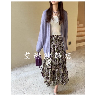 福利DARA ROSE 2574中长款针织毛衣开衫百褶碎花半身裙套装女