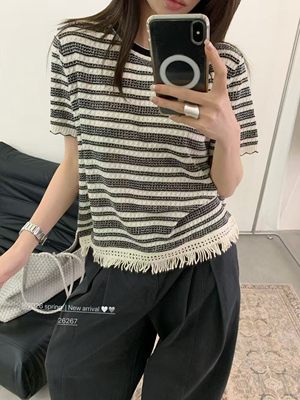 欧货夏装新款7378宽松圆领条纹短袖流苏莱赛尔针织衫女